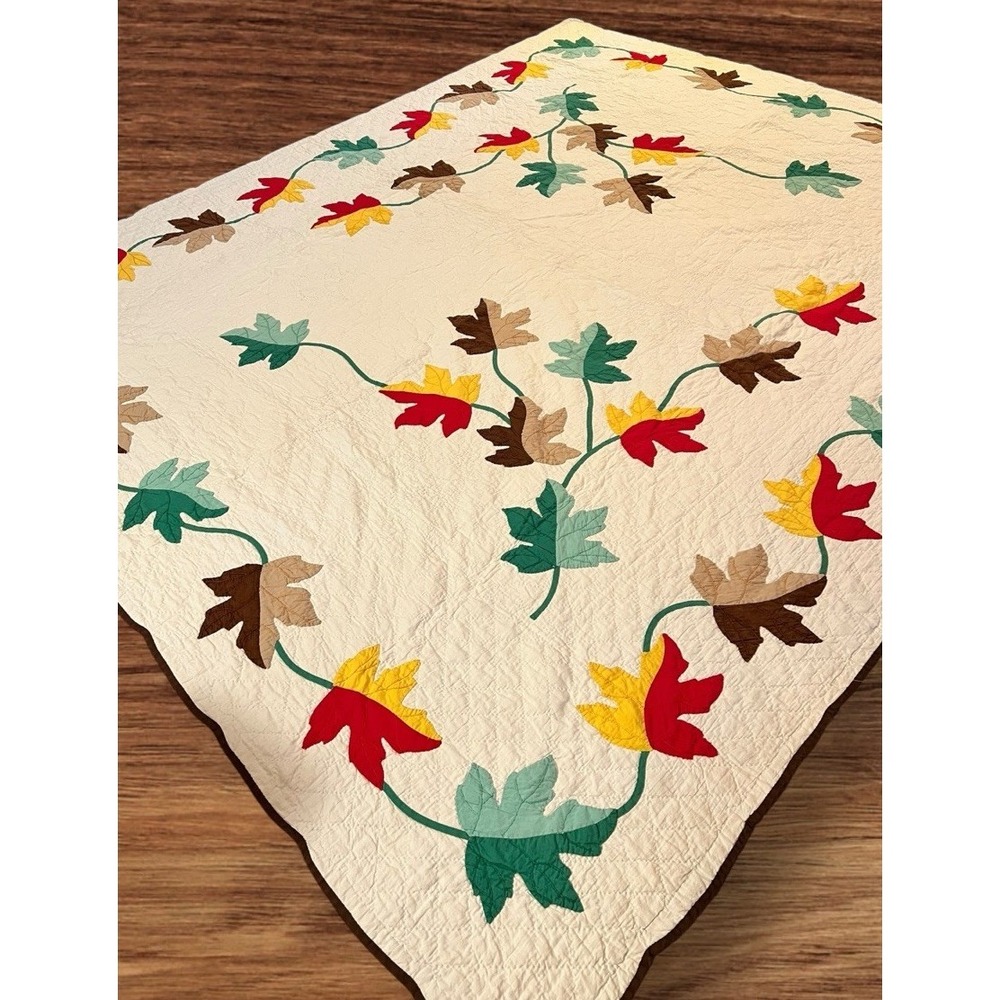 VIBRANT Vintage 40's Autumn Leaves Applique Antique‎ Quilt ~GREAT FALL COLORS! - Picture 4 of 15